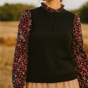 Who What Wear Black Top with Floral Sleeves